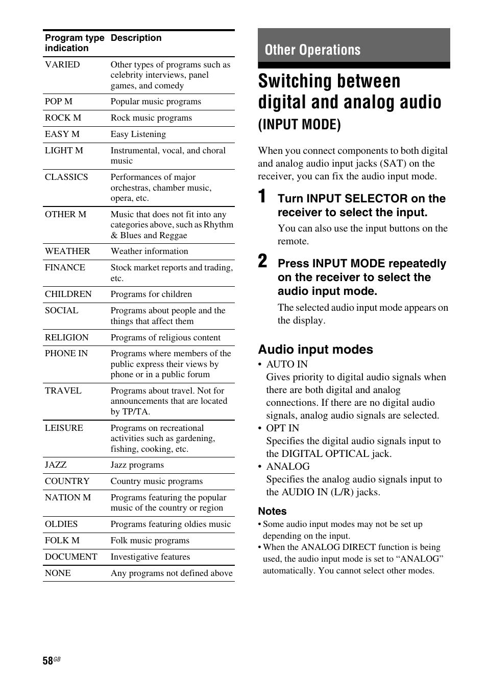 Other operations, Switching between digital and analog audio, Input mode) | Audio input modes | Sony STRDG510 User Manual | Page 58 / 72