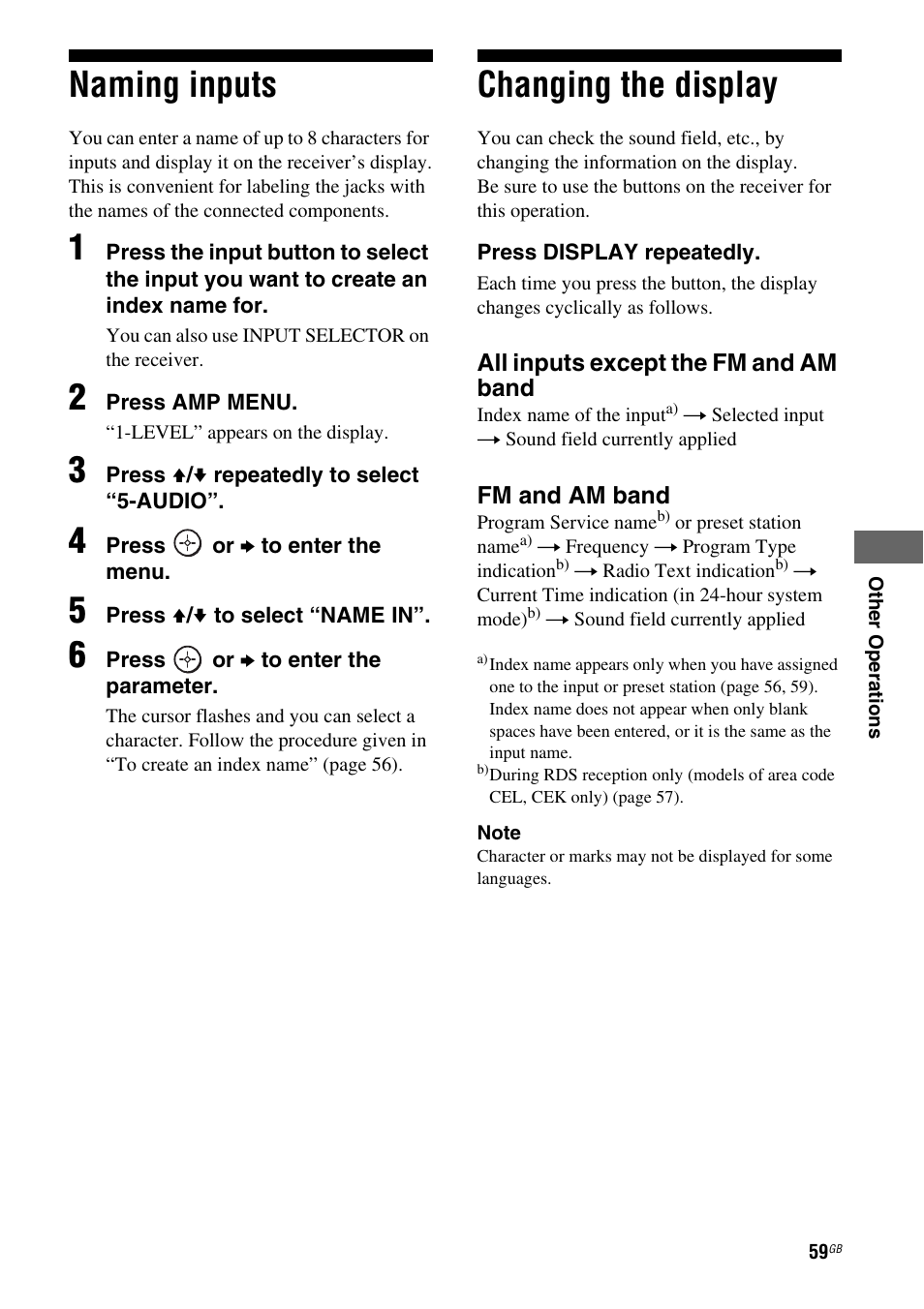 Naming inputs, Changing the display, Naming inputs changing the display | Sony STRDG510 User Manual | Page 59 / 72