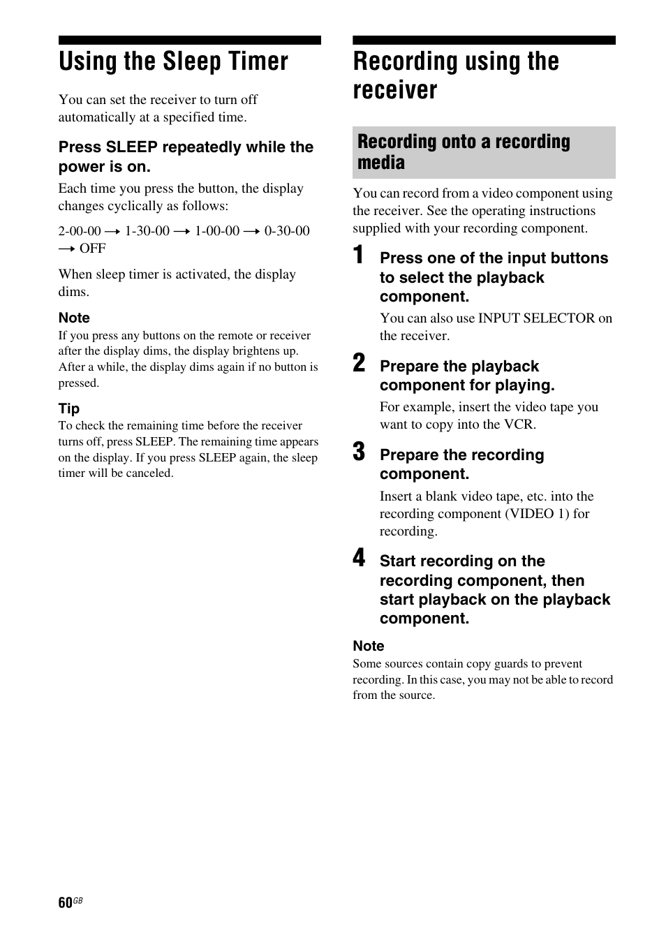 Using the sleep timer, Recording using the receiver, Using the sleep timer recording using the receiver | Recording onto a recording media | Sony STRDG510 User Manual | Page 60 / 72