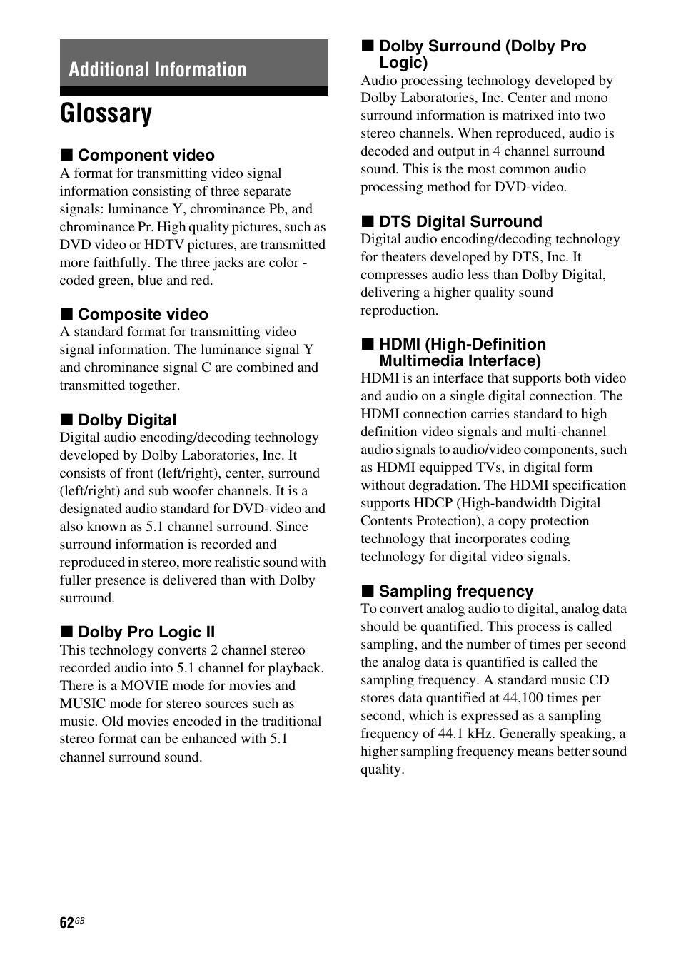 Additional information, Glossary | Sony STRDG510 User Manual | Page 62 / 72