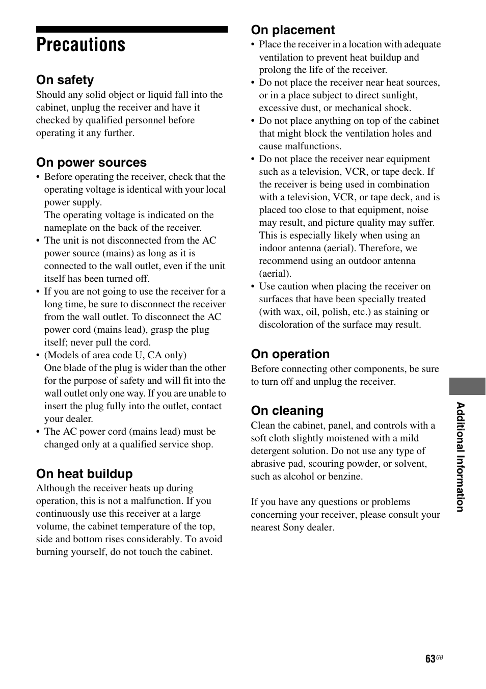 Precautions | Sony STRDG510 User Manual | Page 63 / 72