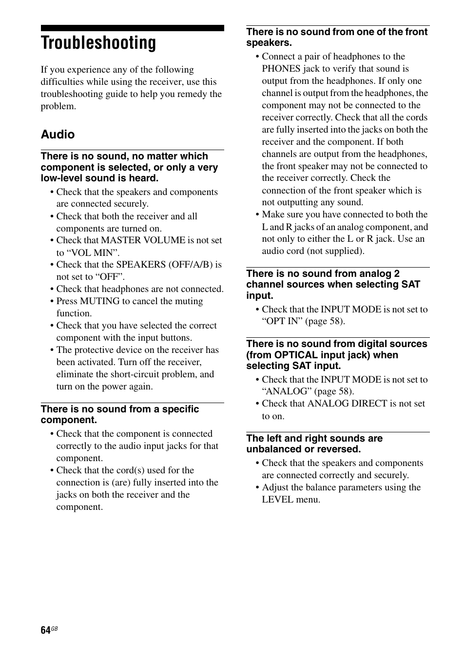 Troubleshooting, Audio | Sony STRDG510 User Manual | Page 64 / 72