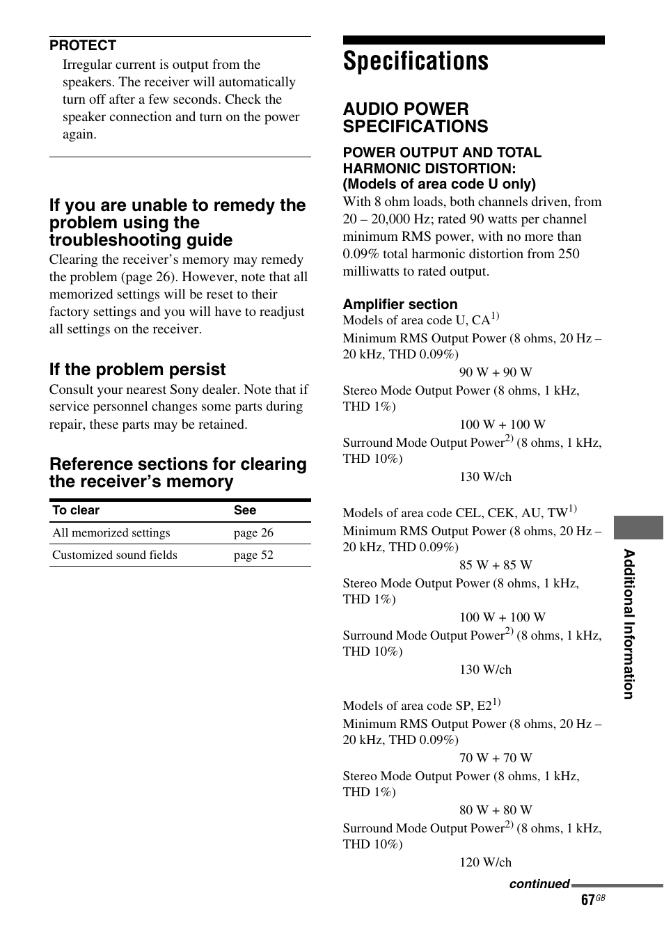 Specifications, If the problem persist, Audio power specifications | Sony STRDG510 User Manual | Page 67 / 72