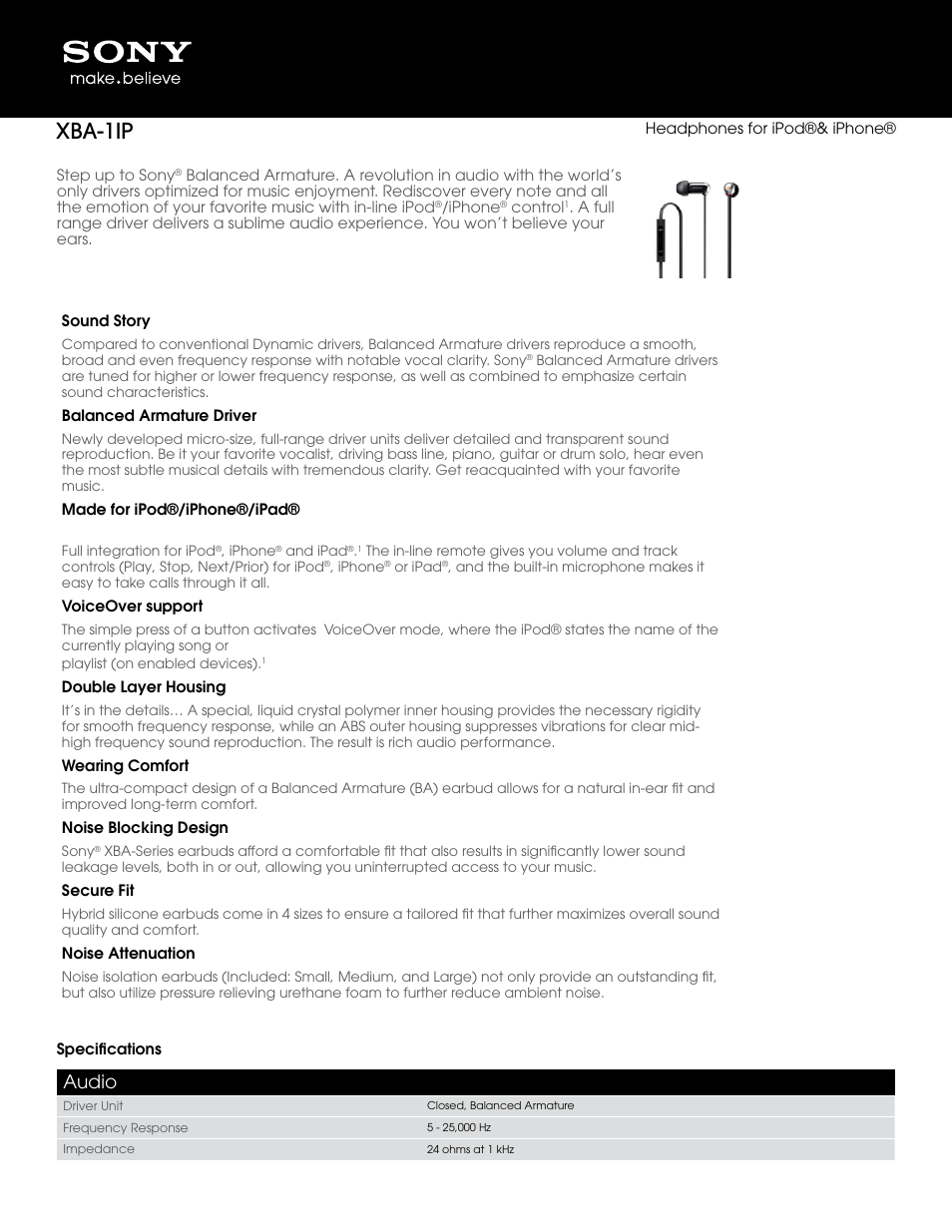 Sony XBA1IP User Manual | 2 pages