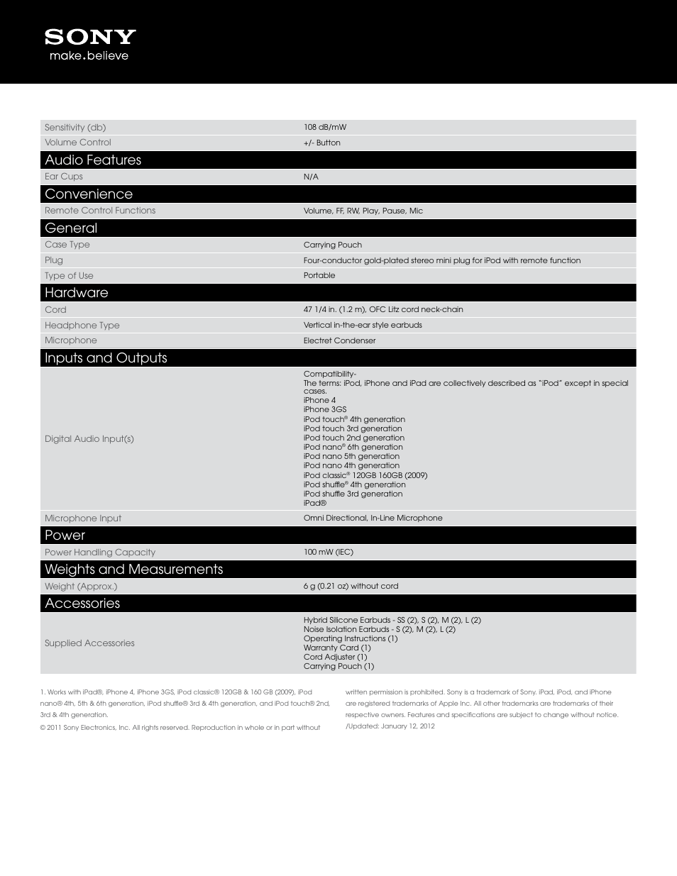 Audio features, Convenience, General | Hardware, Inputs and outputs, Power, Weights and measurements, Accessories | Sony XBA1IP User Manual | Page 2 / 2