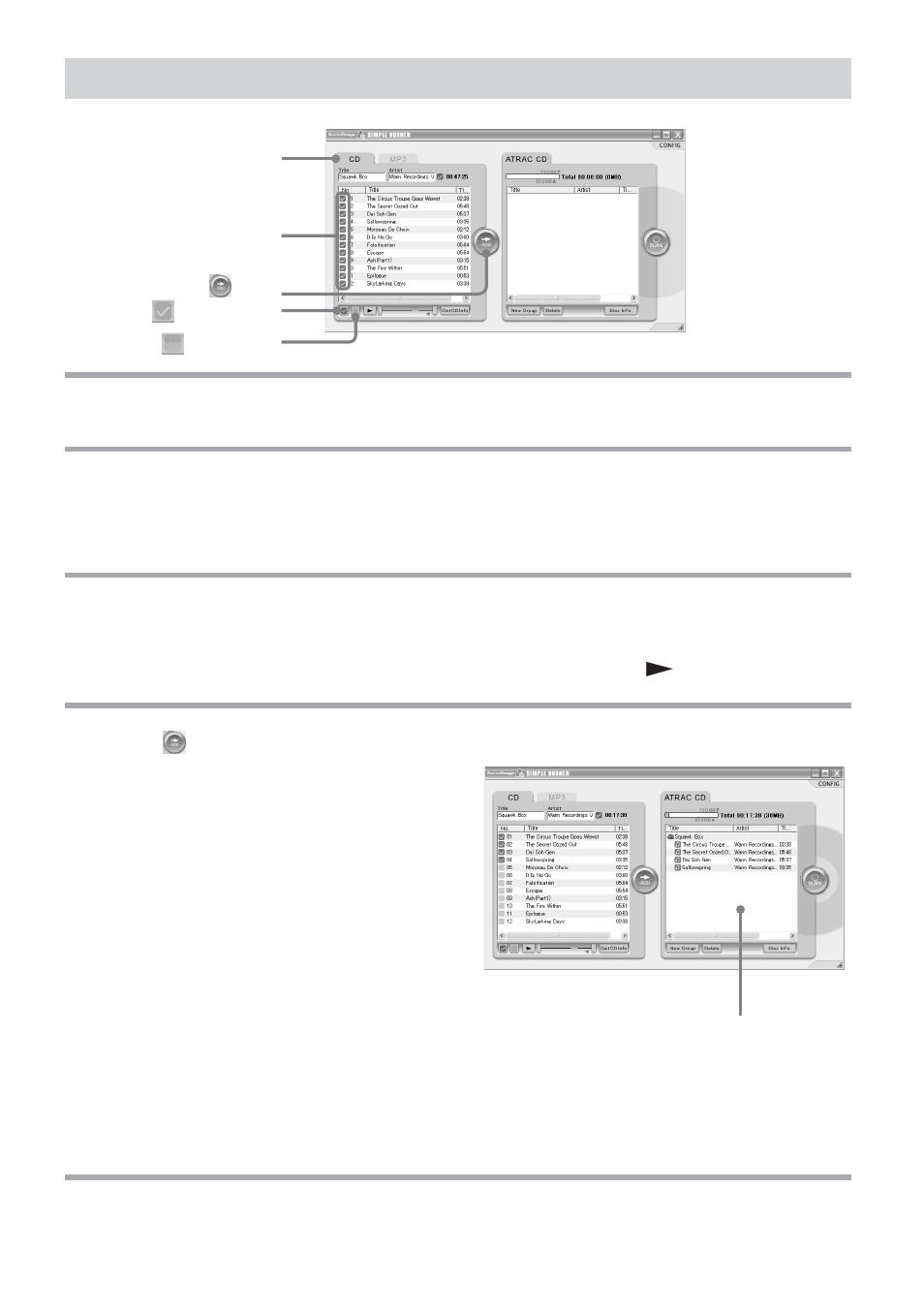 Selecting tracks from an audio cd | Sony SonicStage Simple Burner User Manual | Page 16 / 36