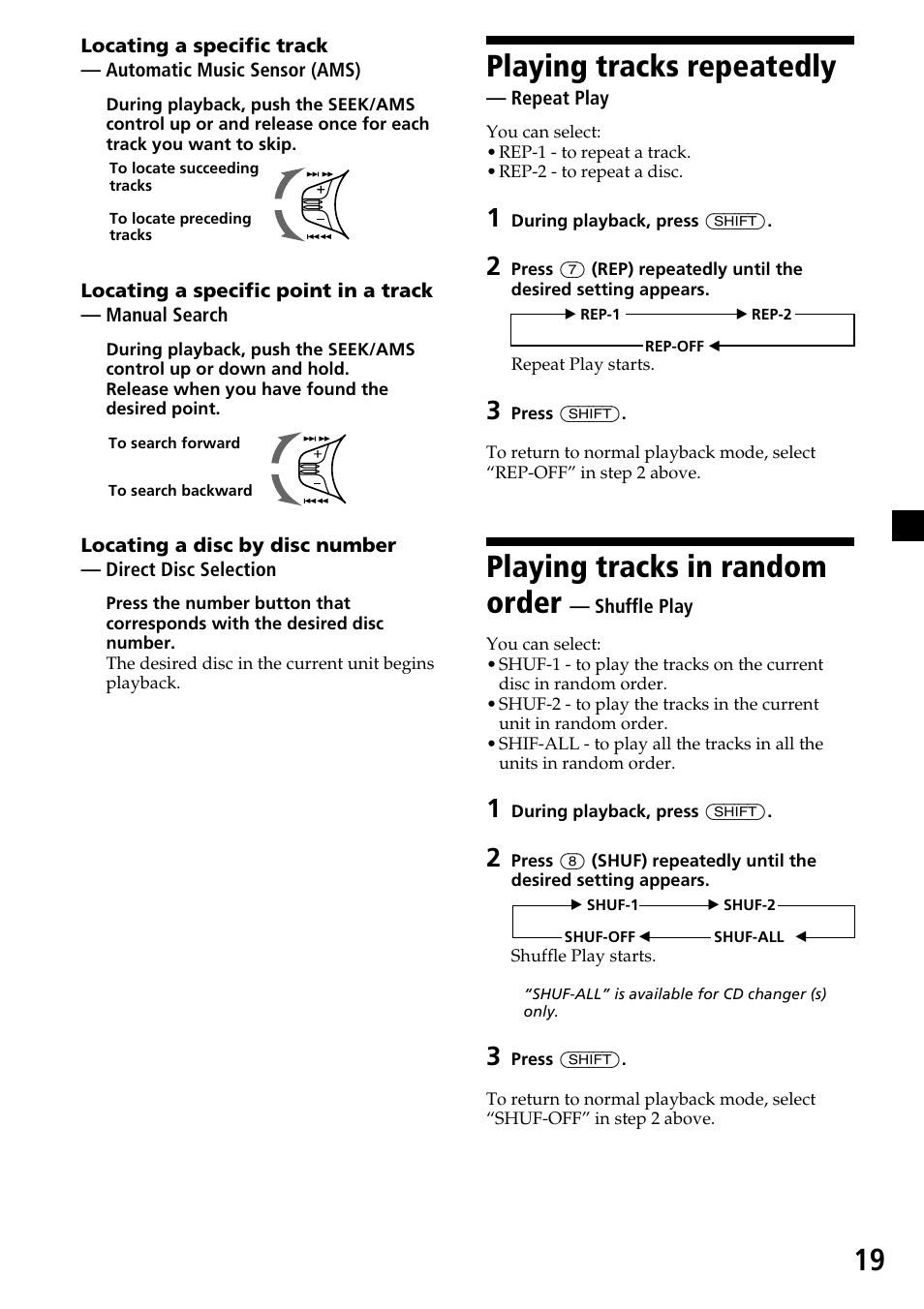 Playing tracks repeatedly, Playing tracks in random order | Sony CDX-C6750 User Manual | Page 19 / 32