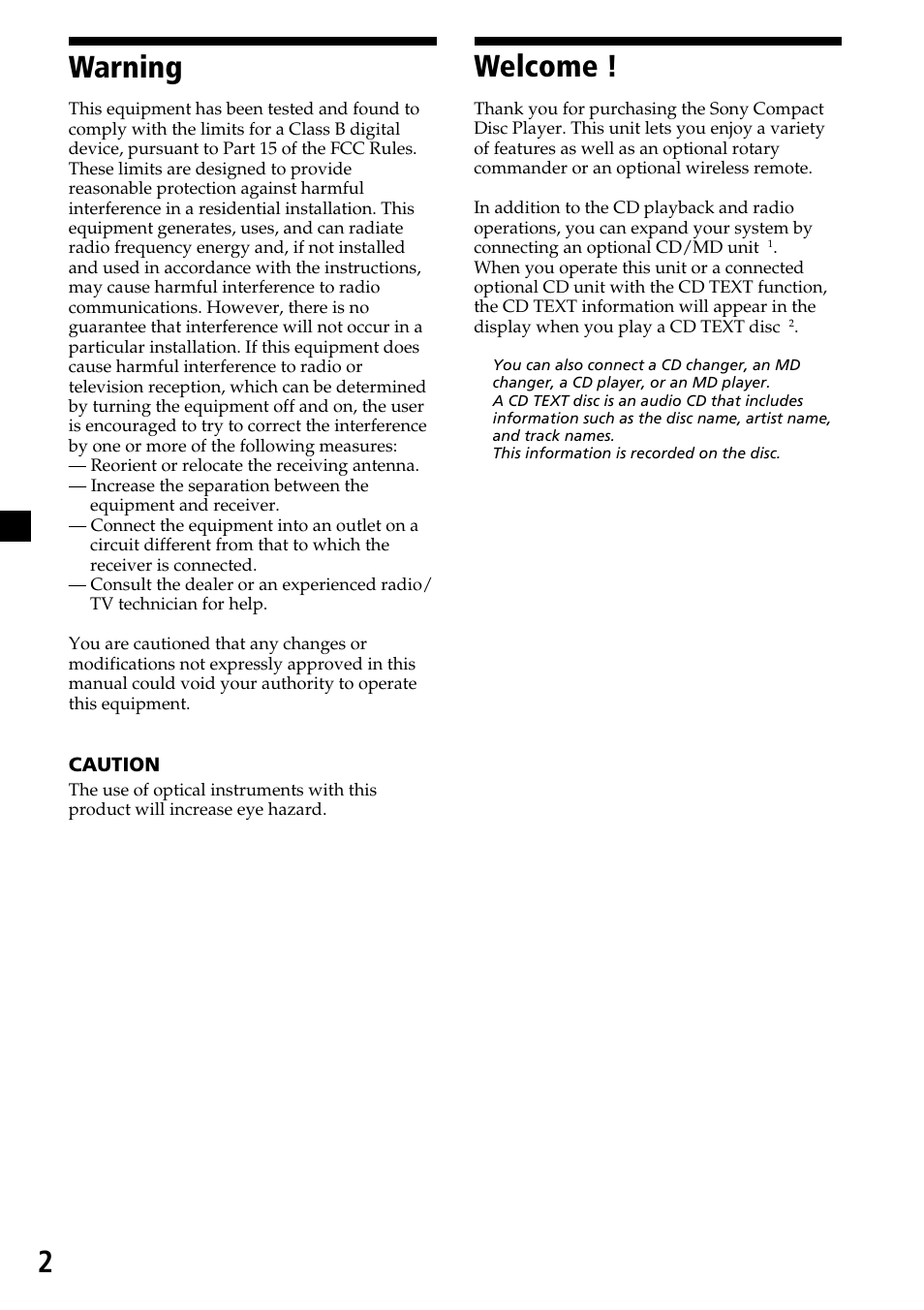 Warning, Welcome, 2welcome | Sony CDX-C6750 User Manual | Page 2 / 32