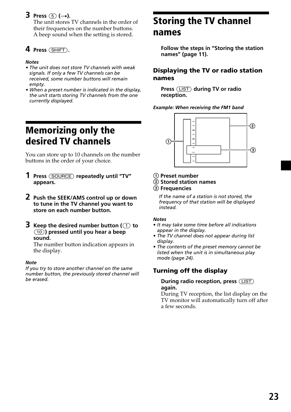 Memorizing only the desired tv channels, Storing the tv channel names, 23 storing the tv channel names | Sony CDX-C6750 User Manual | Page 23 / 32