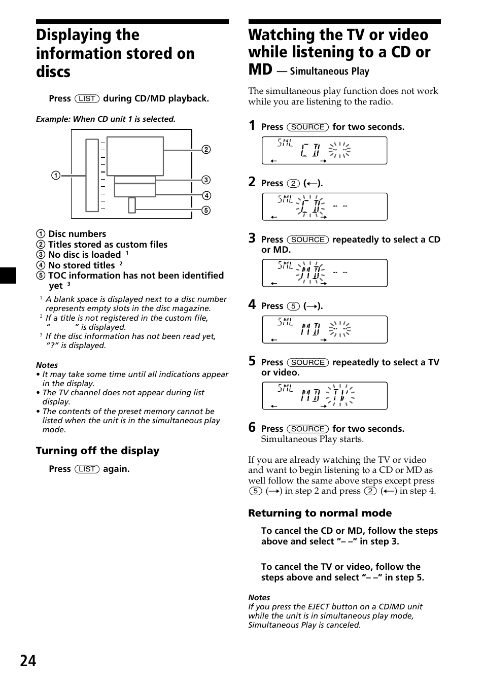 Displaying the information stored on discs, 24 displaying the information stored on discs | Sony CDX-C6750 User Manual | Page 24 / 32