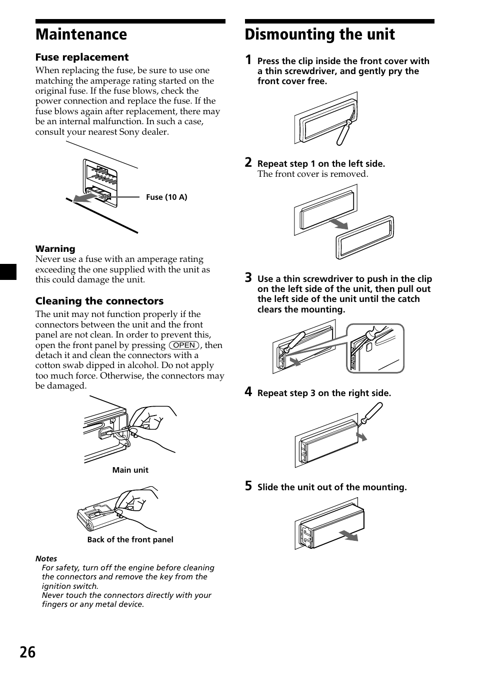 Maintenance, Dismounting the unit, 26 maintenance | Sony CDX-C6750 User Manual | Page 26 / 32