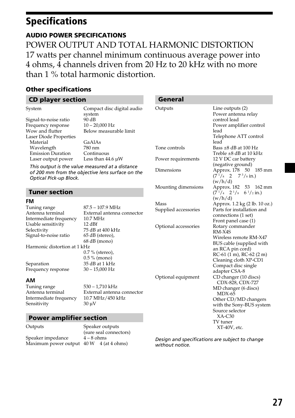 Specifications, 27 specifications, Audio power specifications | General | Sony CDX-C6750 User Manual | Page 27 / 32