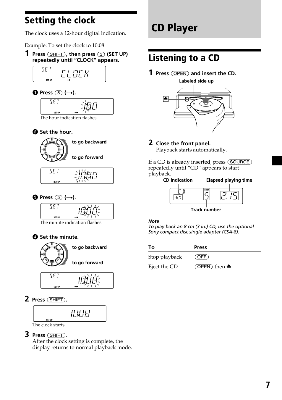 Setting the clock, Cd player, Listening to a cd | 7setting the clock | Sony CDX-C6750 User Manual | Page 7 / 32