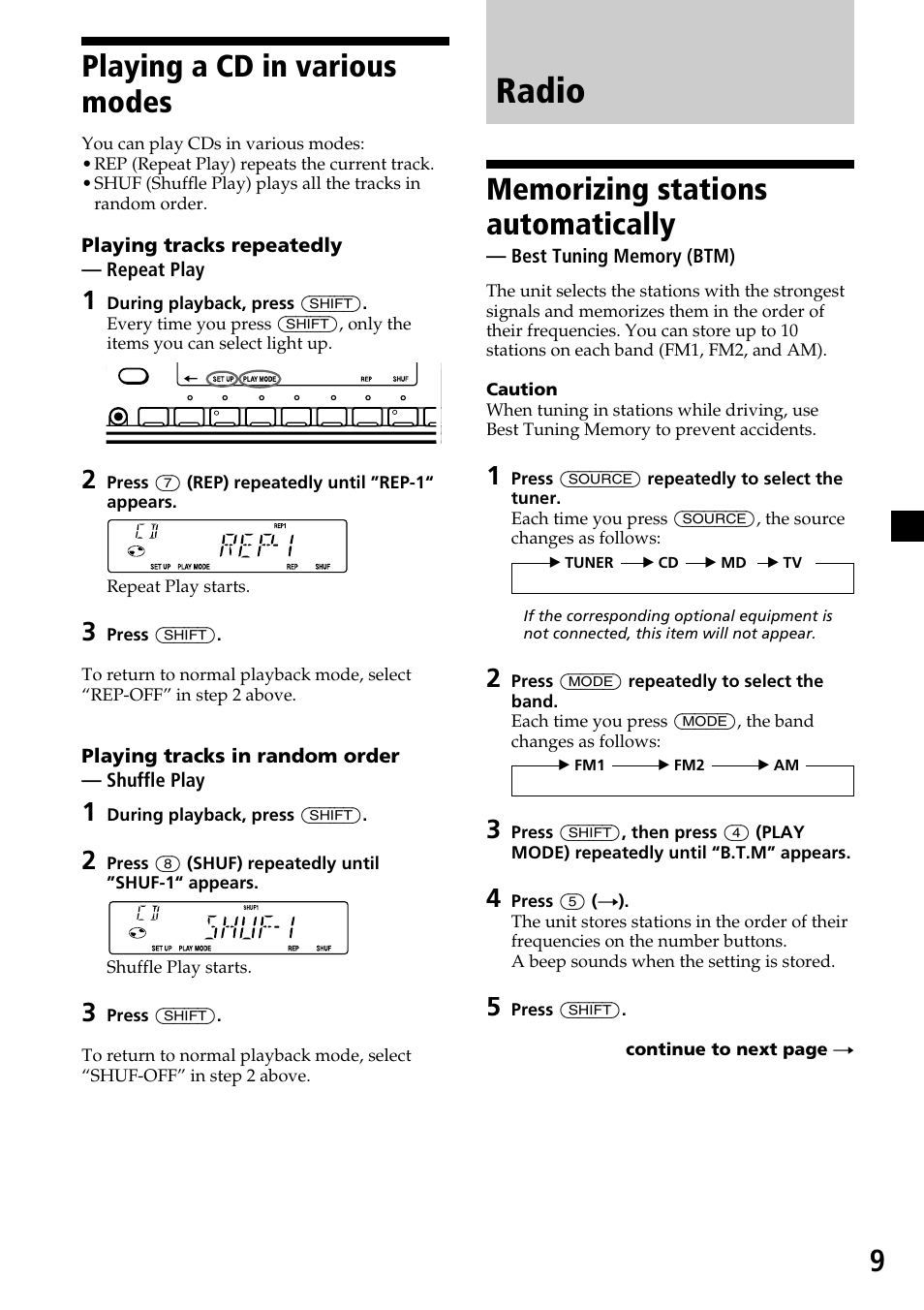 Playing a cd in various modes, Radio, Memorizing stations automatically | 9playing a cd in various modes | Sony CDX-C6750 User Manual | Page 9 / 32