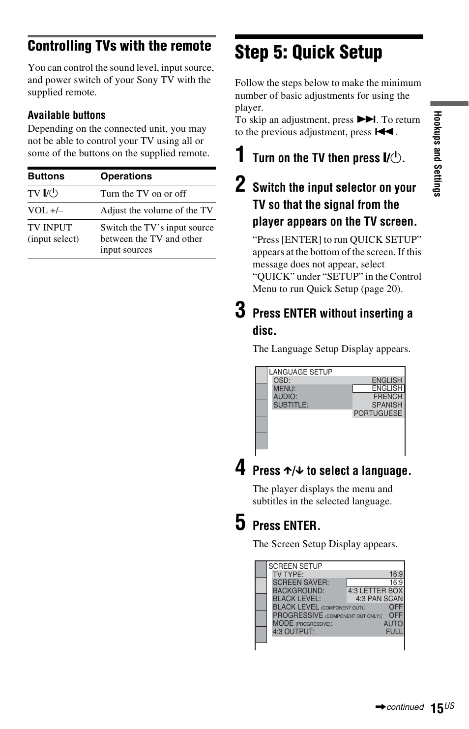 Step 5: quick setup, Controlling tvs with the remote, Turn on the tv then press [ / 1 | Press enter without inserting a disc, Press x / x to select a language, Press enter | Sony DVP-NS611H User Manual | Page 15 / 56
