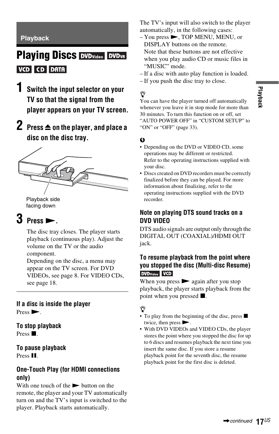 Playback, Playing discs, Disc tray (17) | Sony DVP-NS611H User Manual | Page 17 / 56