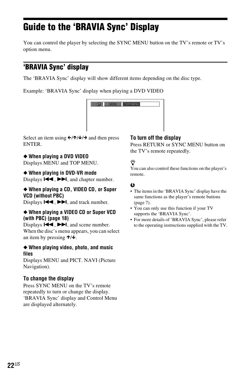 Guide to the ‘bravia sync’ display, Bravia sync’ display | Sony DVP-NS611H User Manual | Page 22 / 56
