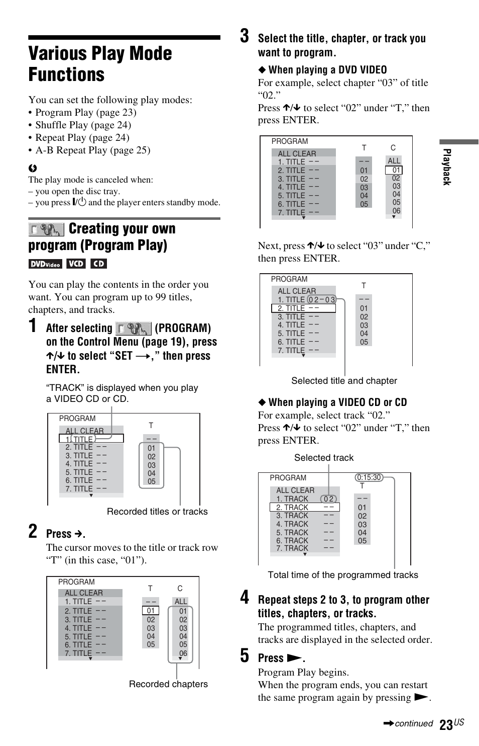 Various play mode functions, Creating your own program (program play) | Sony DVP-NS611H User Manual | Page 23 / 56
