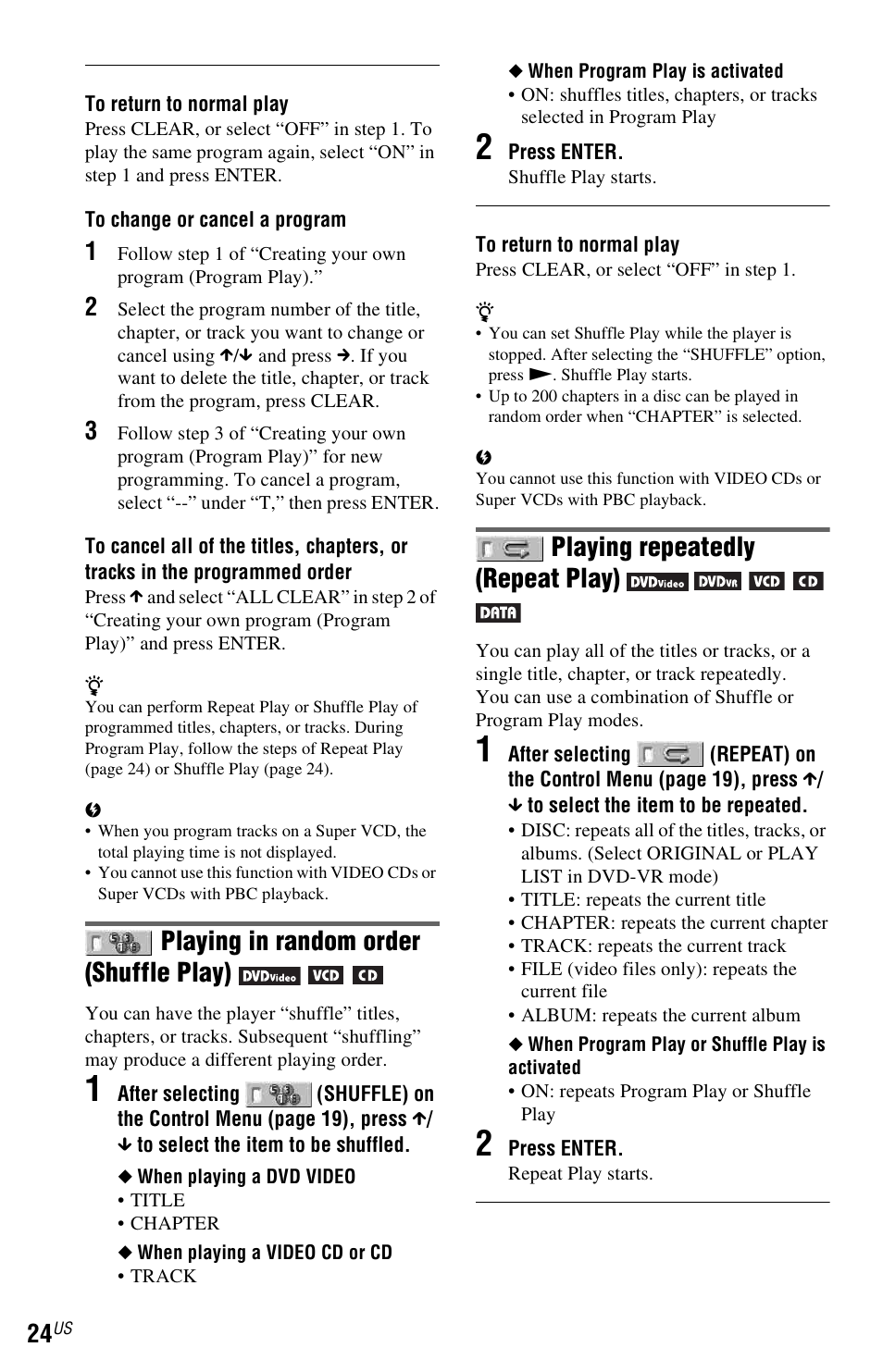 Playing in random order (shuffle play), Playing repeatedly (repeat play) | Sony DVP-NS611H User Manual | Page 24 / 56