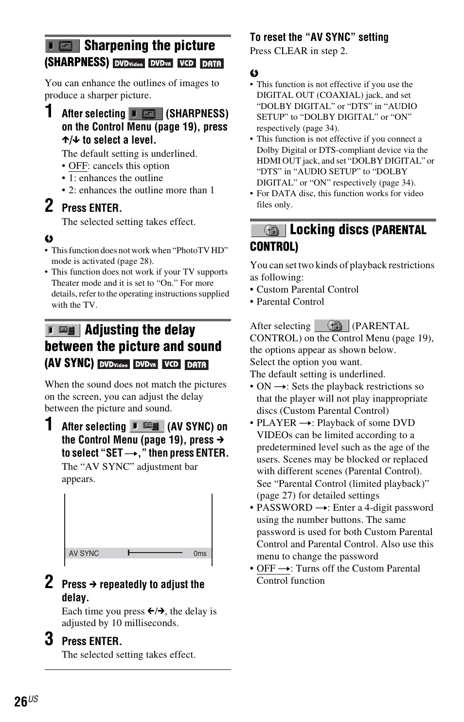 Sharpening the picture (sha, Adjusting the delay between the picture and sound, Locking discs | Sharpening the picture | Sony DVP-NS611H User Manual | Page 26 / 56