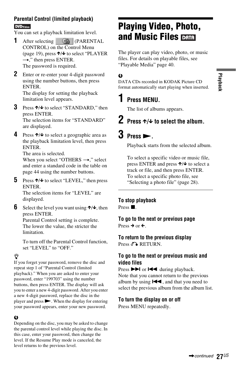 Playing video, photo, and music files, Nu (27), Password | Sony DVP-NS611H User Manual | Page 27 / 56
