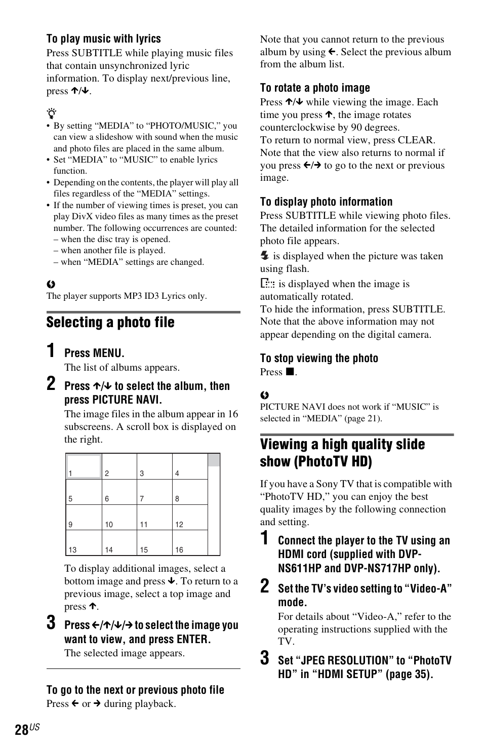 Selecting a photo file, Viewing a high quality slide show (phototv hd) | Sony DVP-NS611H User Manual | Page 28 / 56
