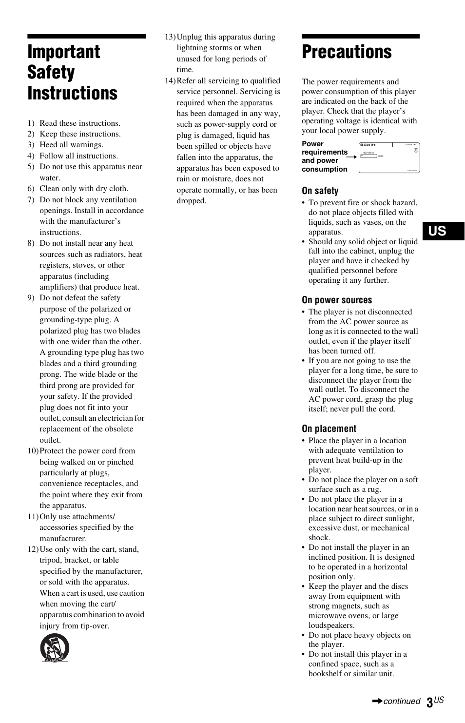 Important safety instructions, Precautions | Sony DVP-NS611H User Manual | Page 3 / 56