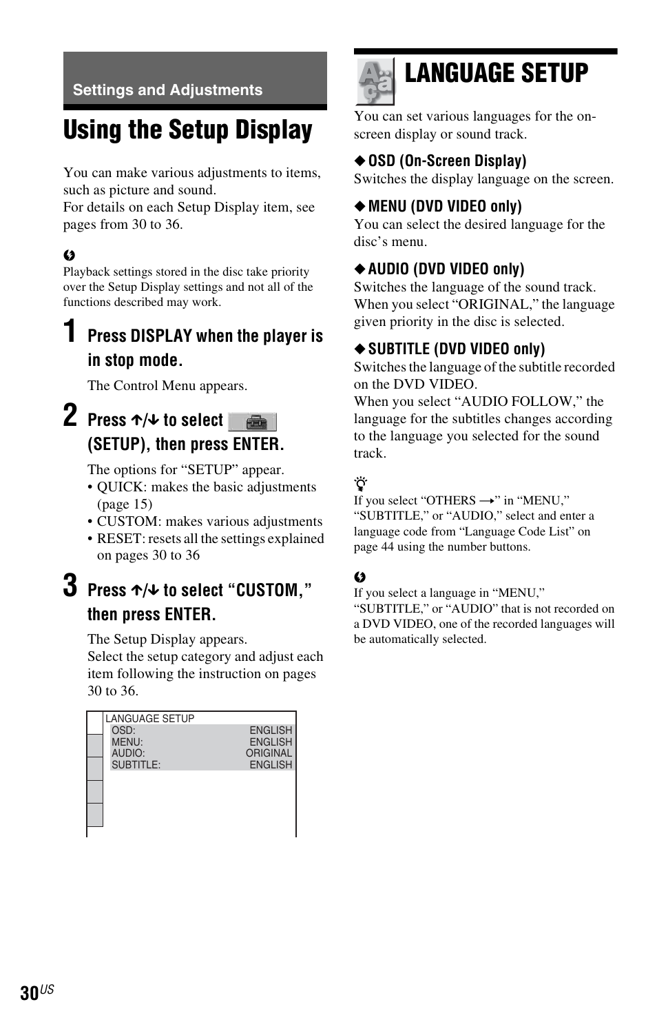 Settings and adjustments, Using the setup display, Language setup | Using the setup display language setup | Sony DVP-NS611H User Manual | Page 30 / 56