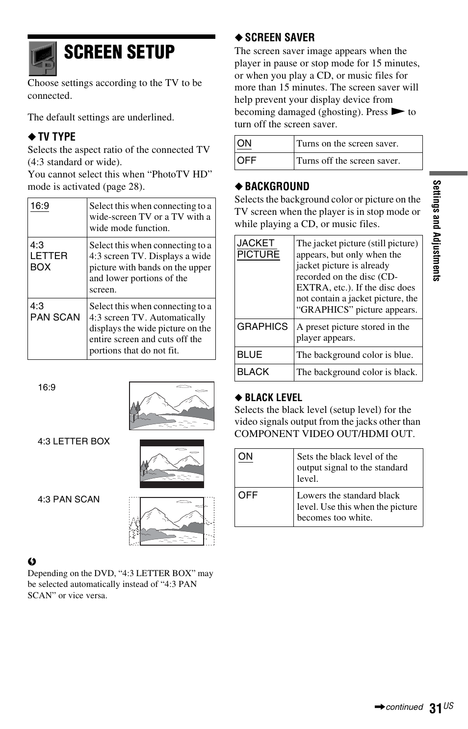 Screen setup | Sony DVP-NS611H User Manual | Page 31 / 56