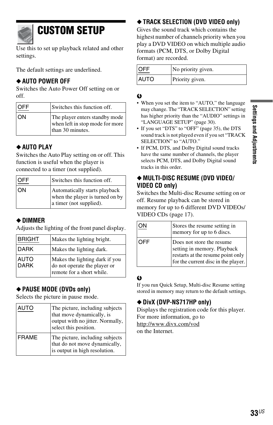 Custom setup | Sony DVP-NS611H User Manual | Page 33 / 56