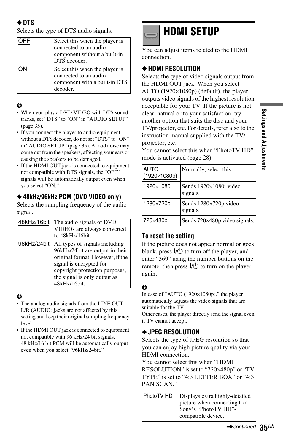 Hdmi setup | Sony DVP-NS611H User Manual | Page 35 / 56