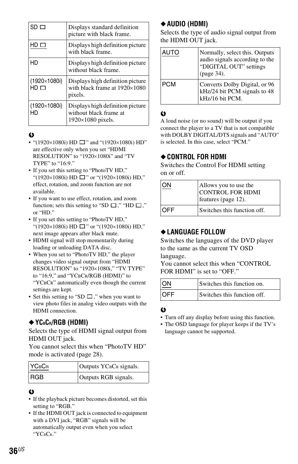 Rgb (hdmi), Audio (hdmi), Control for hdmi | Language follow | Sony DVP-NS611H User Manual | Page 36 / 56