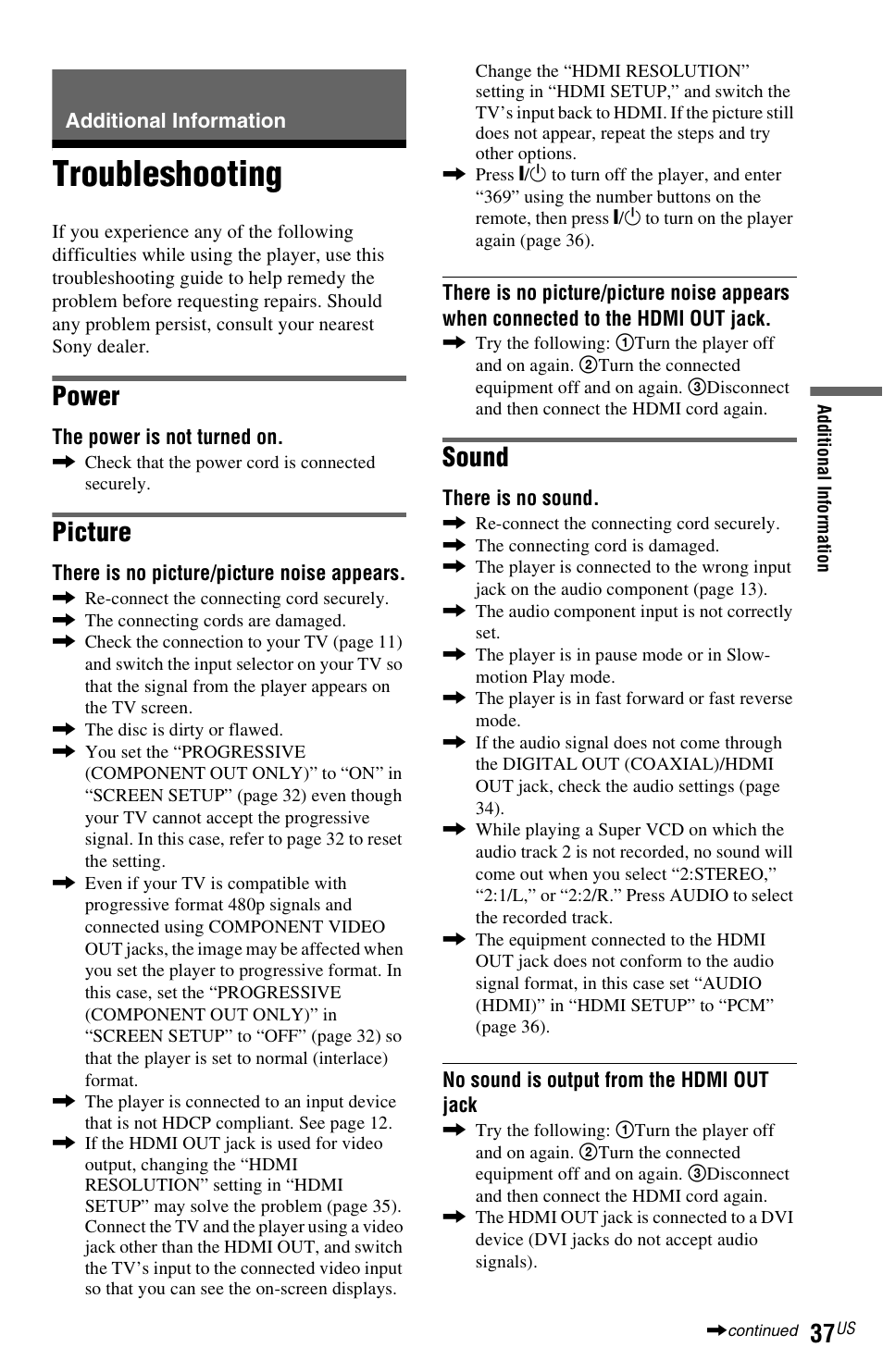 Additional information, Troubleshooting, Power | Picture, Sound | Sony DVP-NS611H User Manual | Page 37 / 56