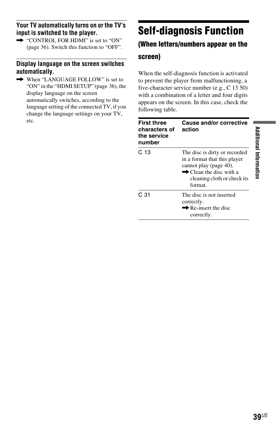 Self-diagnosis function, When letters/numbers appear on the screen) | Sony DVP-NS611H User Manual | Page 39 / 56
