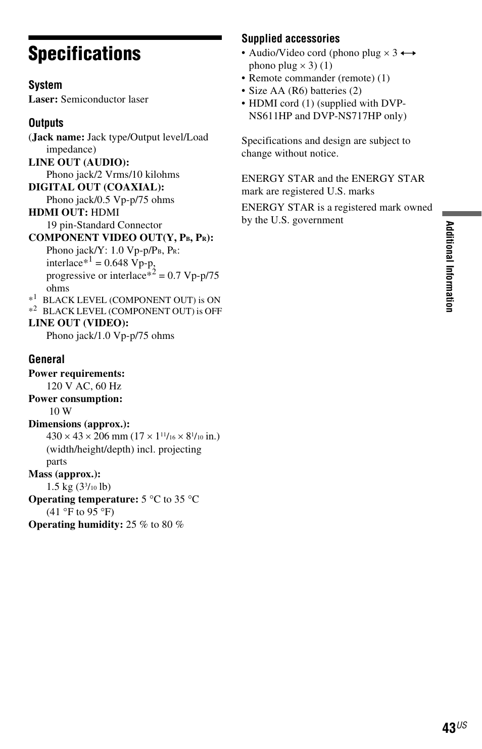 Specifications | Sony DVP-NS611H User Manual | Page 43 / 56