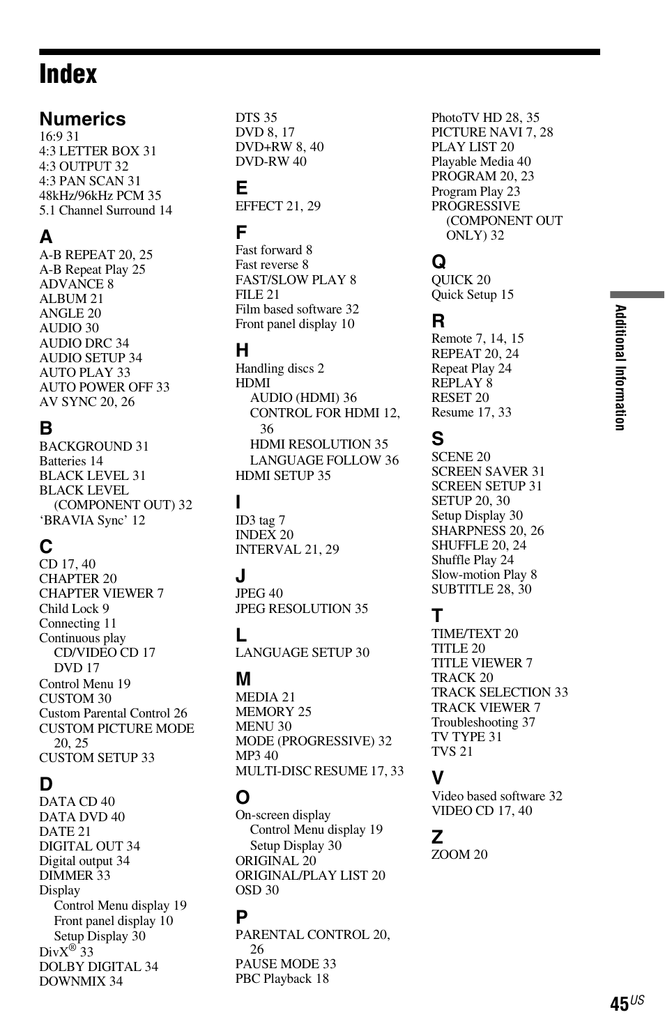 Index, Numerics | Sony DVP-NS611H User Manual | Page 45 / 56