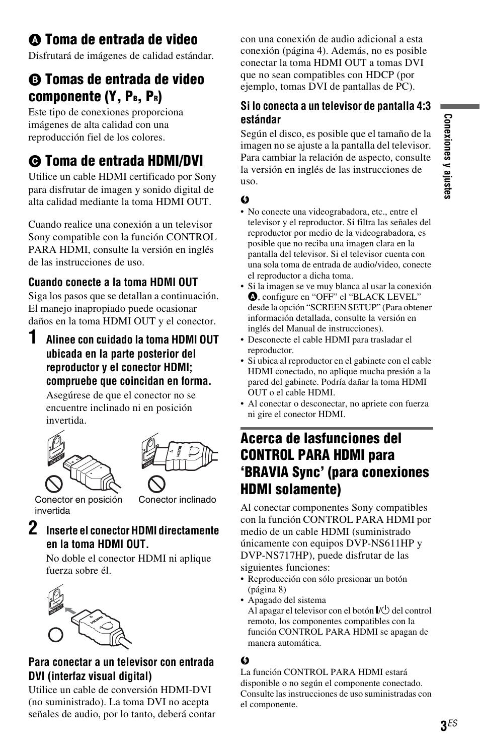 Para conexiones hdmi solamente), Toma de entrada de video, Tomas de entrada de video componente (y, p | Toma de entrada hdmi/dvi | Sony DVP-NS611H User Manual | Page 49 / 56