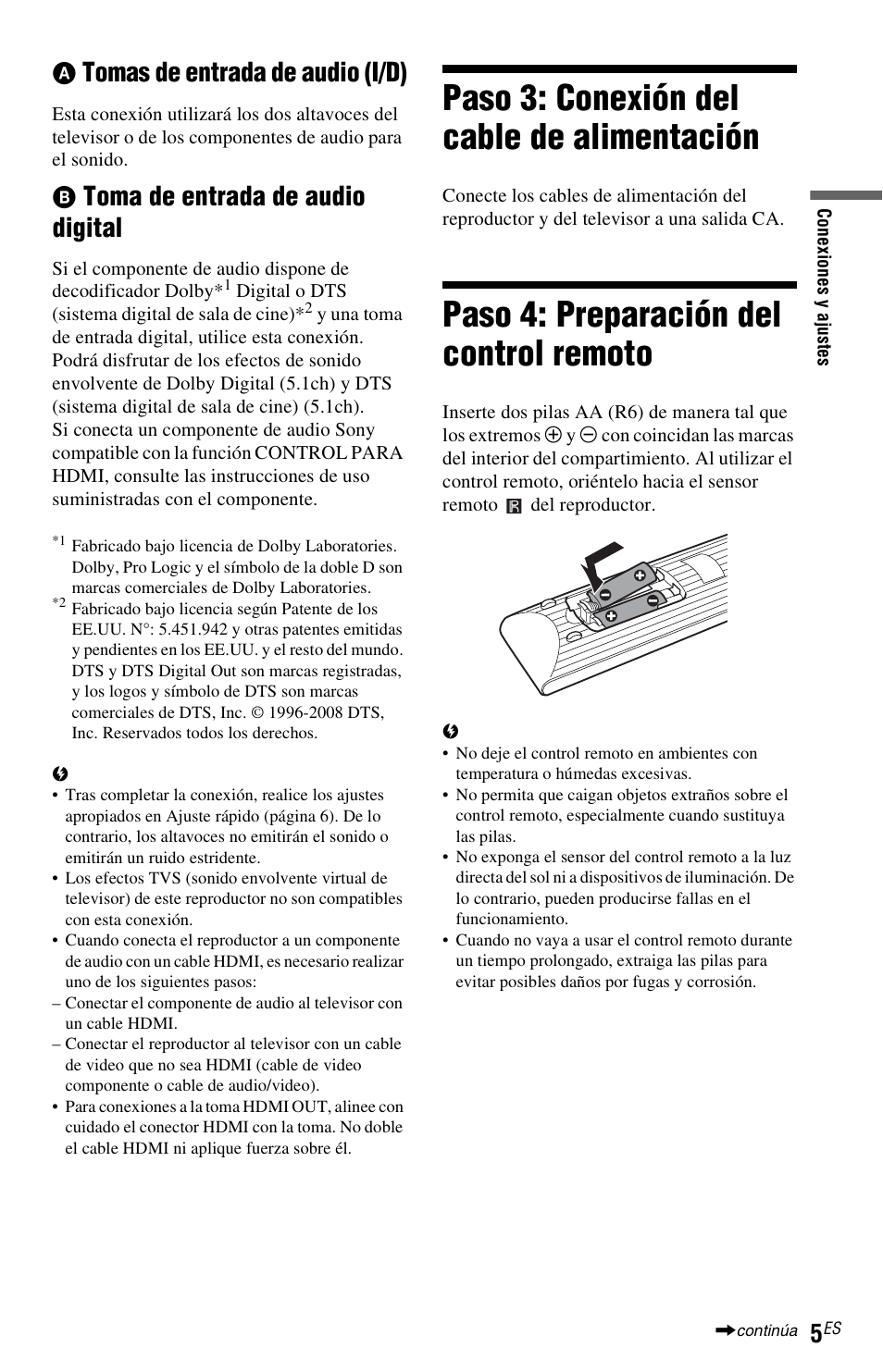 Paso 3: conexión del cable de alimentación, Paso 4: preparación del control remoto, Tomas de entrada de audio (i/d) | Toma de entrada de audio digital | Sony DVP-NS611H User Manual | Page 51 / 56