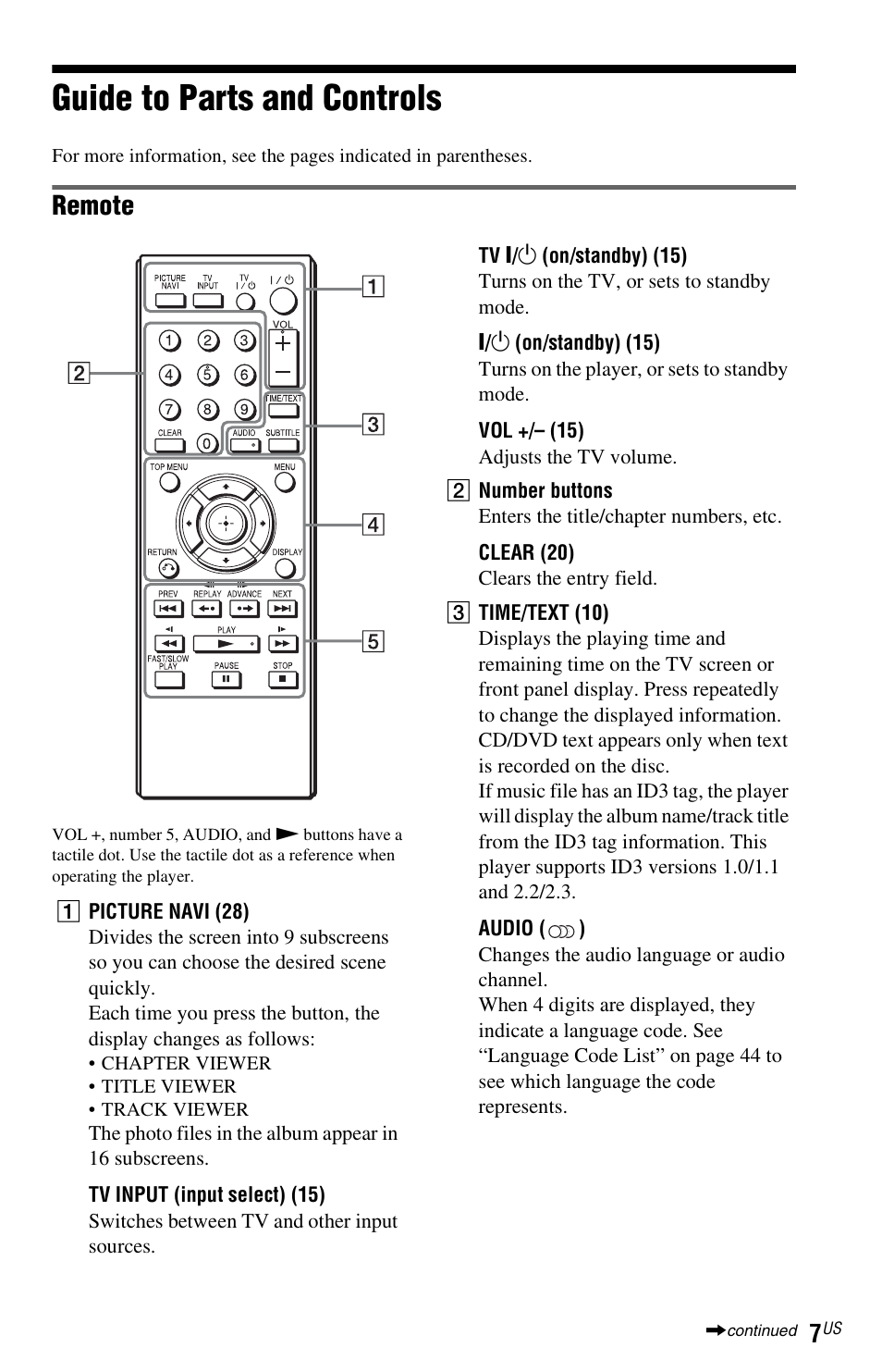 Guide to parts and controls, Remote | Sony DVP-NS611H User Manual | Page 7 / 56