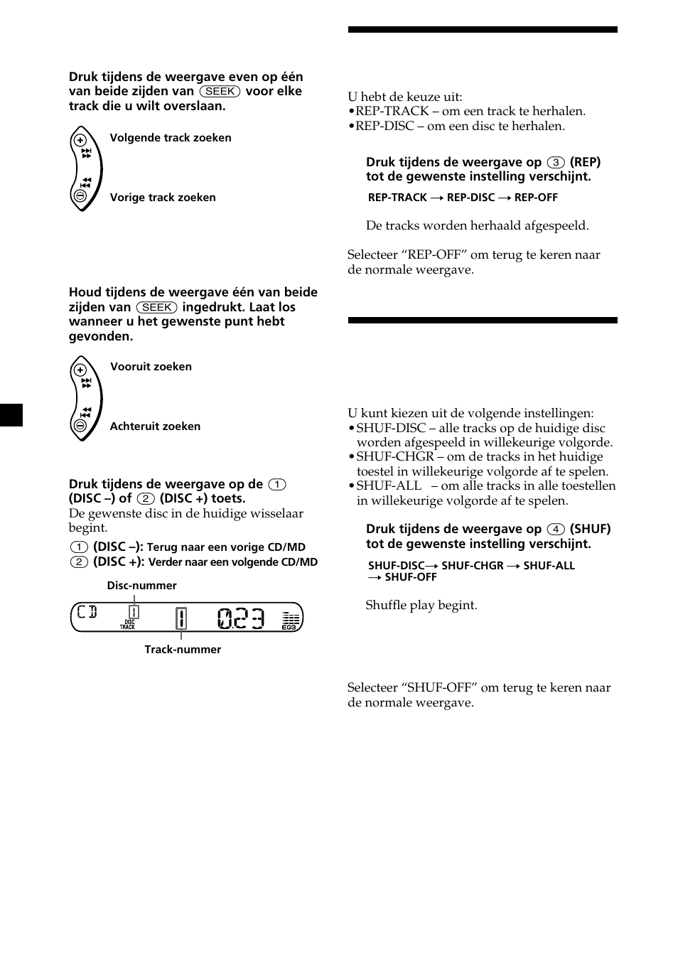 Tracks herhaald afspelen, Tracks in willekeurige volgorde afspelen | Sony XR-CA370X User Manual | Page 106 / 112