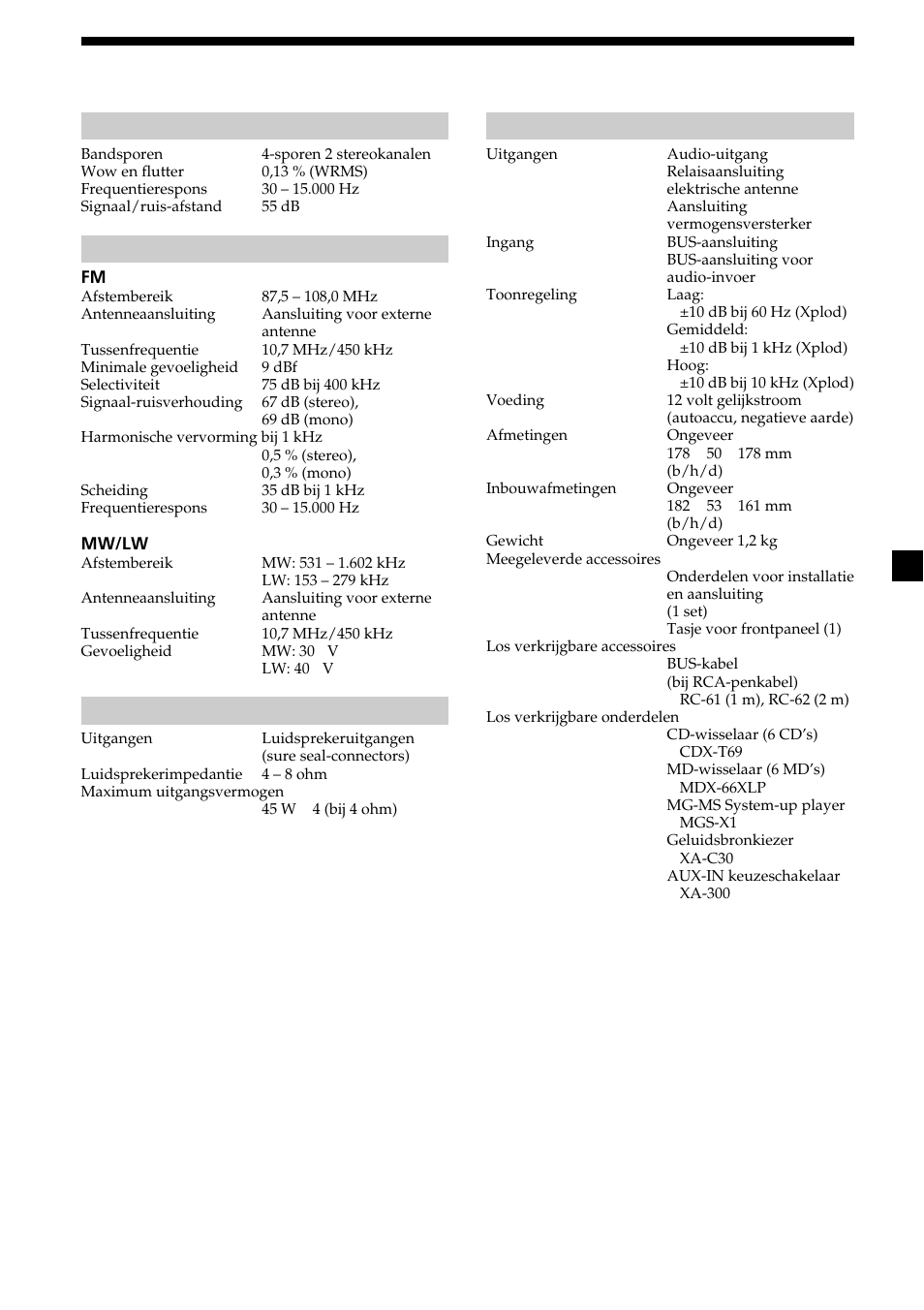 21 specificaties, Cassettespeler, Radio | Versterker, Algemeen | Sony XR-CA370X User Manual | Page 109 / 112