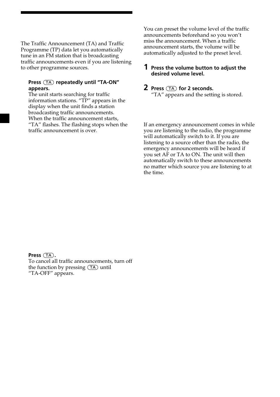 Listening to traffic announcements | Sony XR-CA370X User Manual | Page 12 / 112