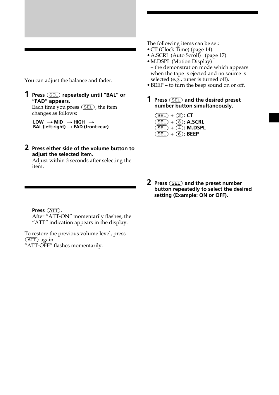 Other functions, Adjusting the balance and fader, Attenuating the sound | Changing the sound and display settings | Sony XR-CA370X User Manual | Page 15 / 112