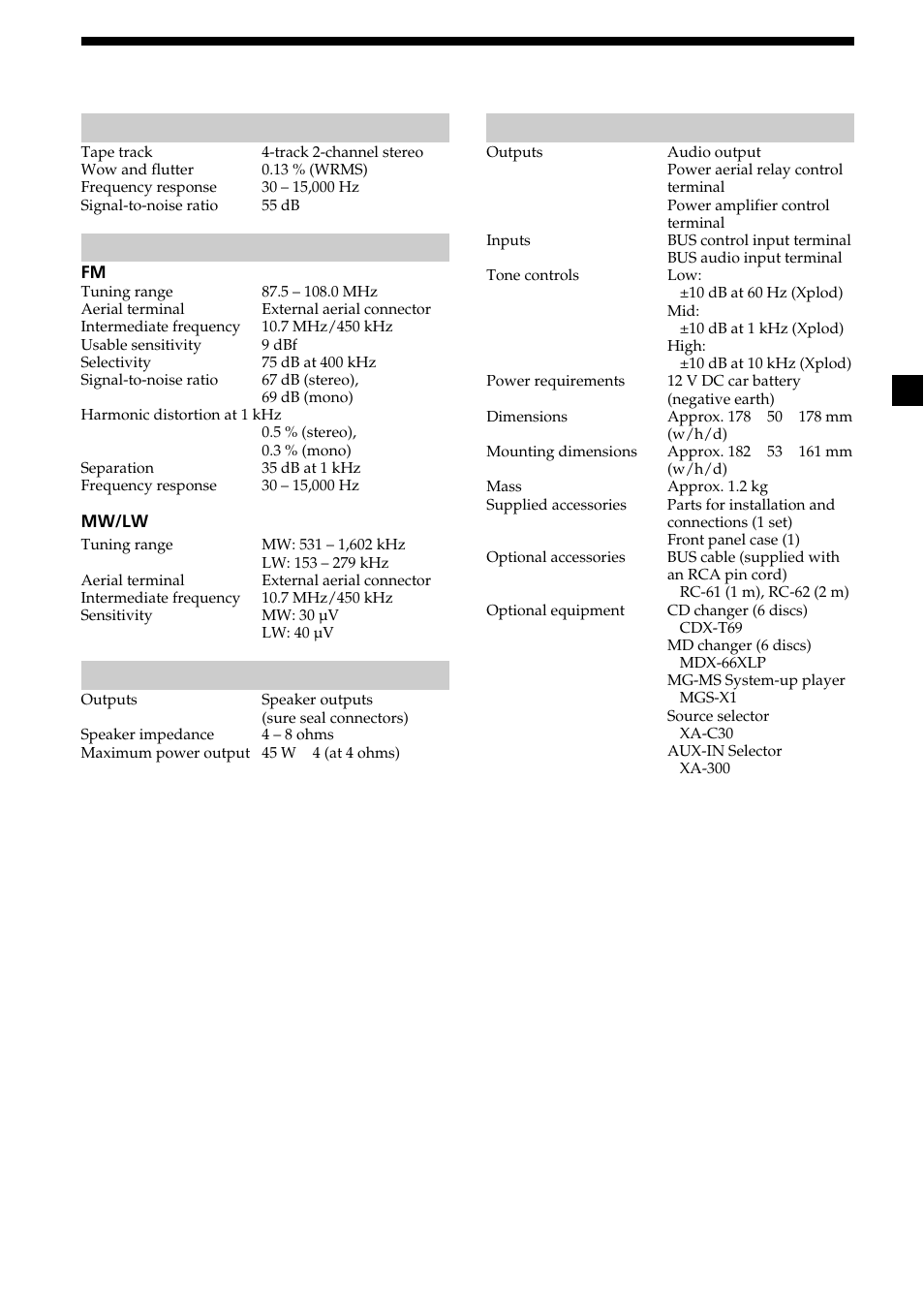 21 specifications, General | Sony XR-CA370X User Manual | Page 21 / 112