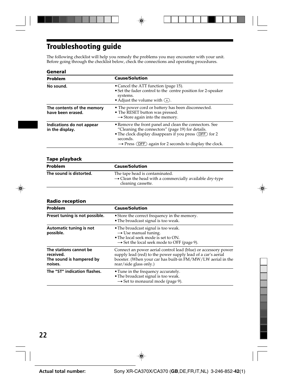 Troubleshooting guide | Sony XR-CA370X User Manual | Page 22 / 112