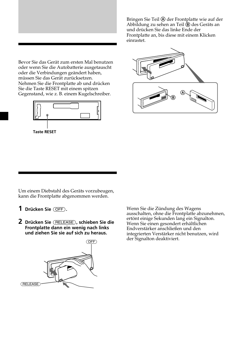 Vorbereitungen, Zurücksetzen des geräts, Abnehmen der frontplatte | Sony XR-CA370X User Manual | Page 28 / 112