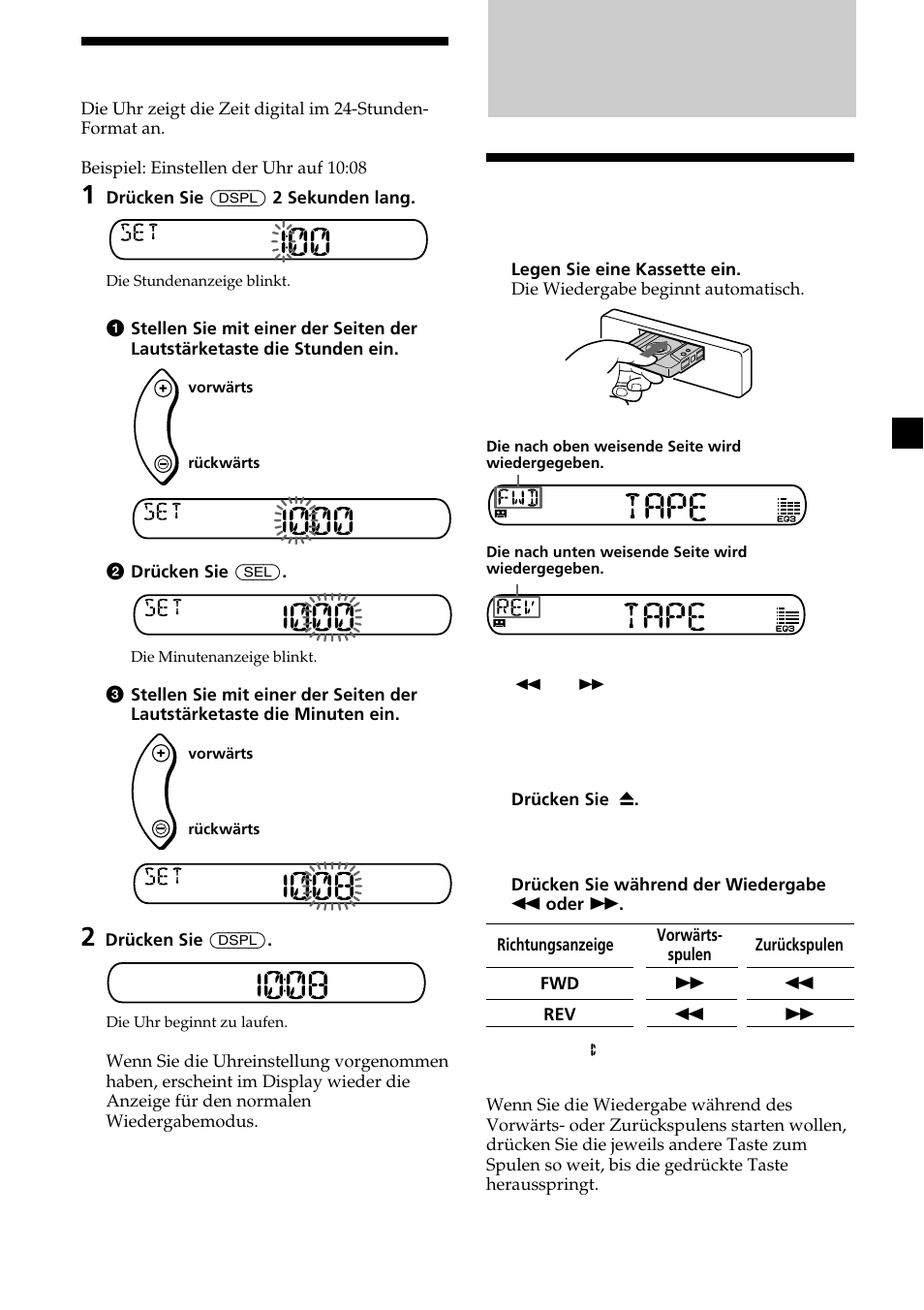 Kassettendeck, Wiedergeben einer kassette, Einstellen der uhr | Sony XR-CA370X User Manual | Page 29 / 112