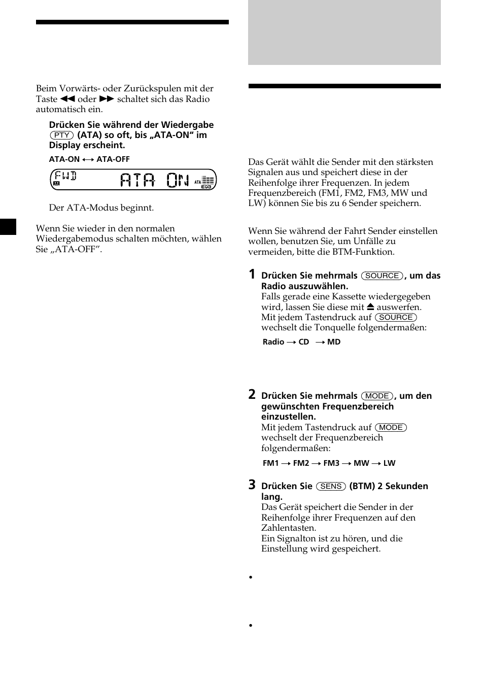 Radio, Automatisches speichern von radiosendern, Radioempfang während des spulens einer kassette | Sony XR-CA370X User Manual | Page 30 / 112