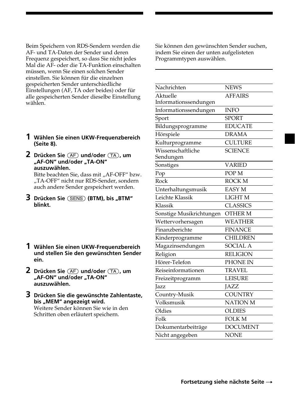 13 speichern von rds-sendern mit af- und ta-daten, Suchen eines senders nach programmtyp | Sony XR-CA370X User Manual | Page 35 / 112