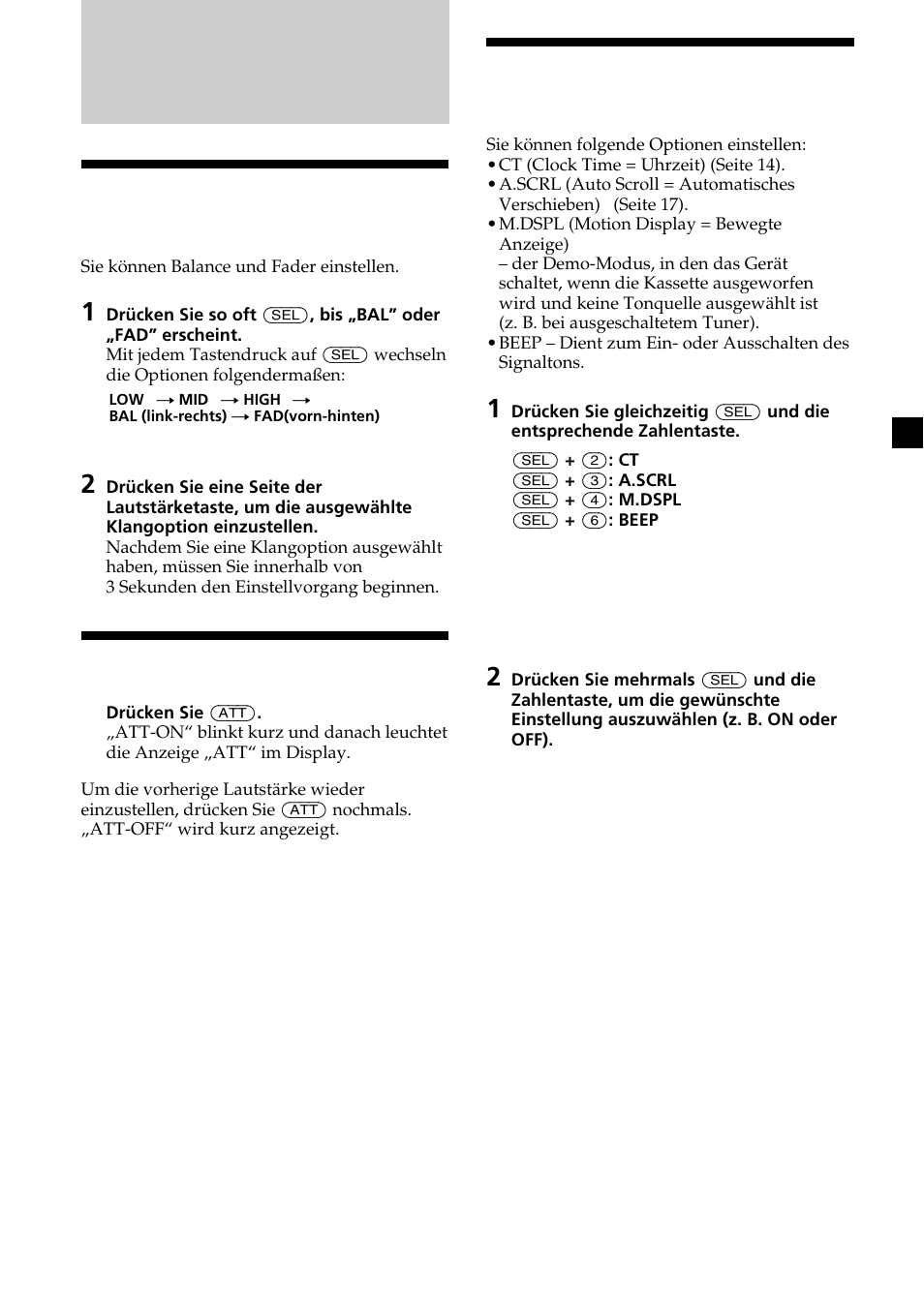 Weitere funktionen, Einstellen von balance und fader, Dämpfen des tons | Wechseln der klang- und anzeigeeinstellungen | Sony XR-CA370X User Manual | Page 37 / 112